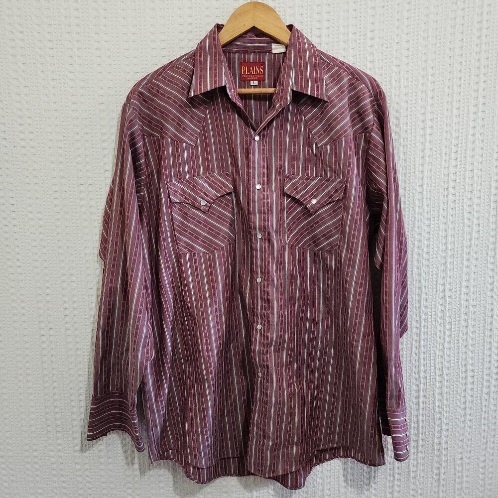 Plains Western Wear Pearl Snap Striped Red White Long Sleeve Shirt Men's Large